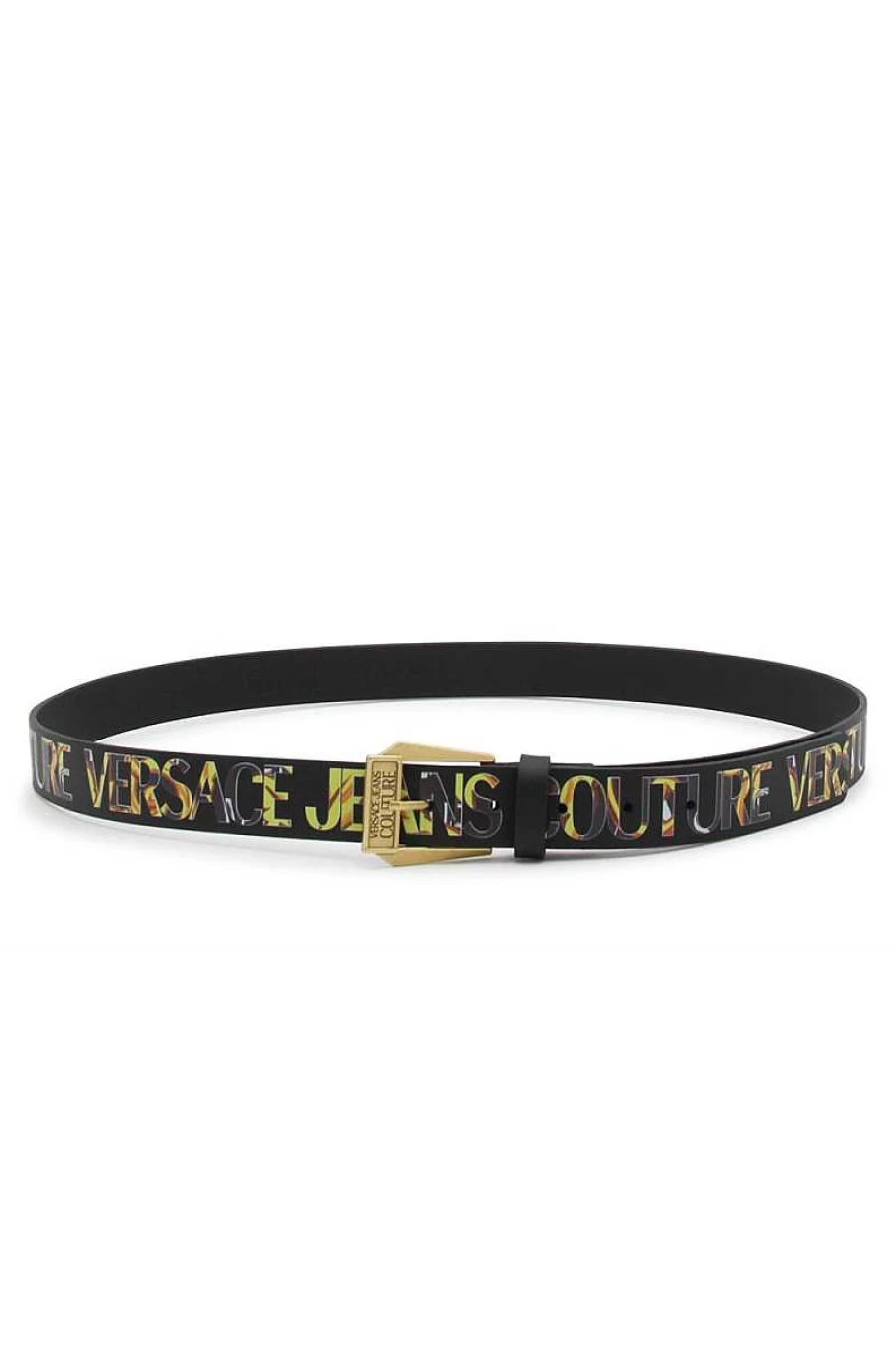 Versace Men's Black & Gold Print Leather Belt 74Ya6F03