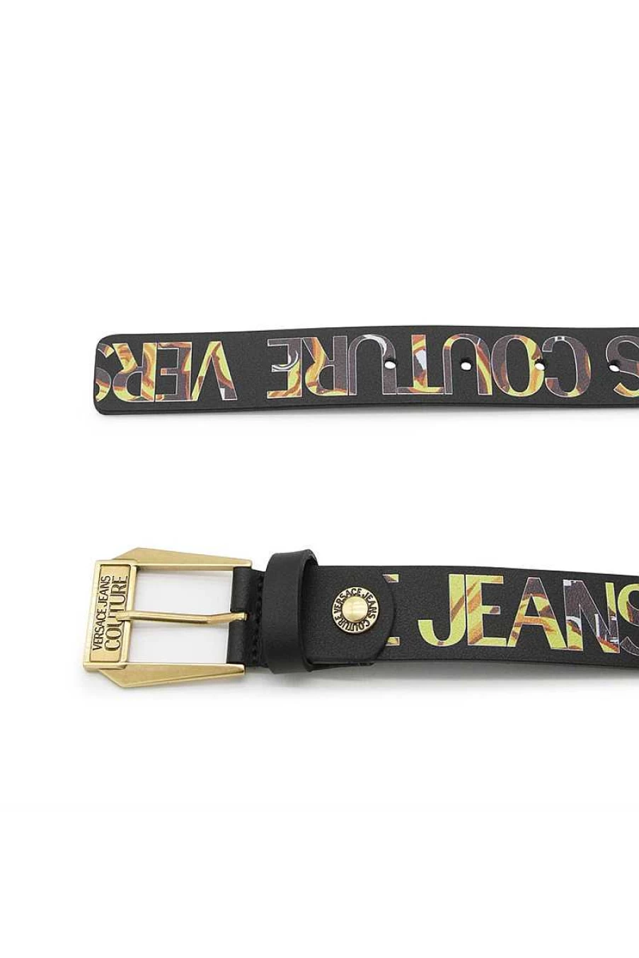 Versace Men's Black & Gold Print Leather Belt 74Ya6F03