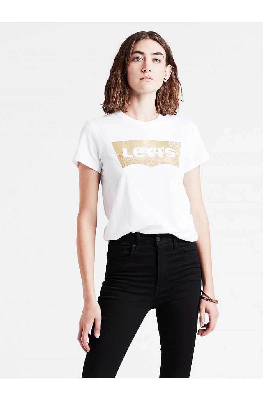 Levi's Women's White and Gold Tee Hsmk 17369-0453 - Perfect Fit Cotton T-Shirt