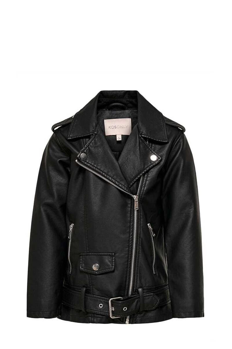 "ONLY Women's Black Long Leather Jacket - Stylish Outerwear for Girls"