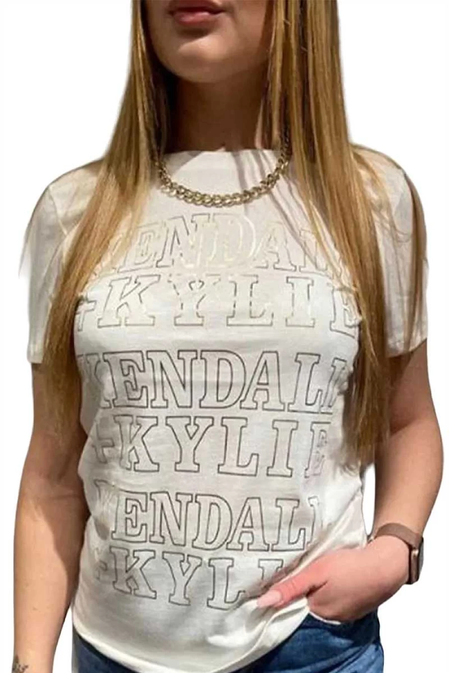 Kendalkylie Women's Basic White Embroidered T-Shirt - Kkw35H4201