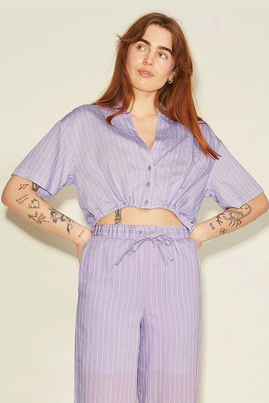 "Jjxx Women's Lilac Striped Cropped Shirt | Fashionable Top 12210968"