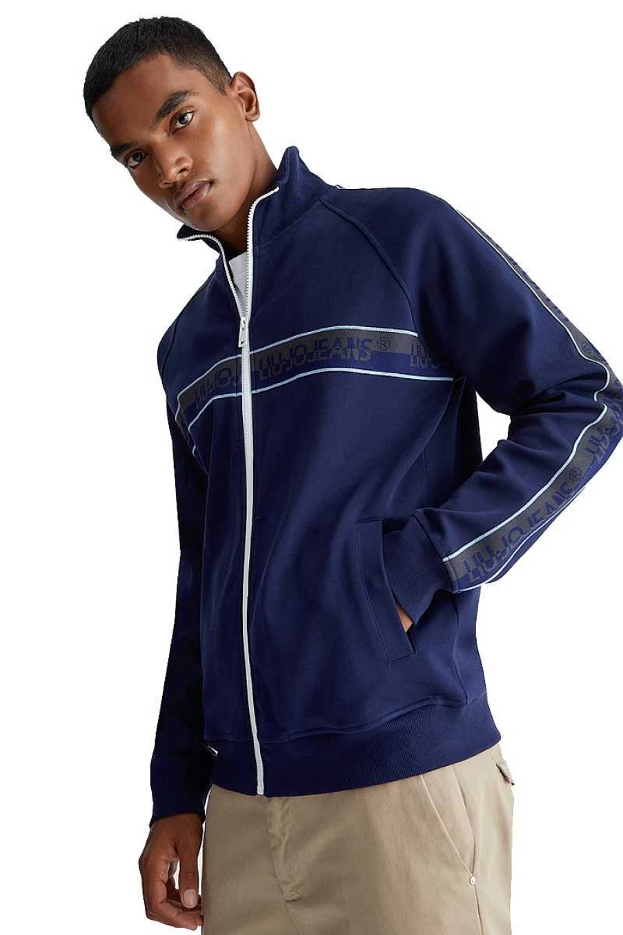 Liu Jo Men's Navy Bomber Sweatshirt - M223P203 Track Jacket Style Casual Pullover
