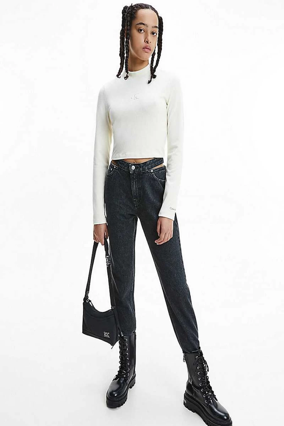 Calvin Klein Women's Black Denim Mom Jeans J20J217833 High-Waisted Slim Fit