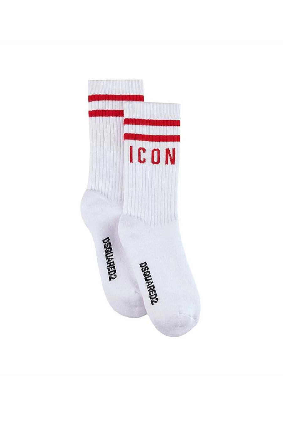 Dsquared Kids Icon Socks DQ1035 - White Red Striped Ankle Socks for Boys Girls